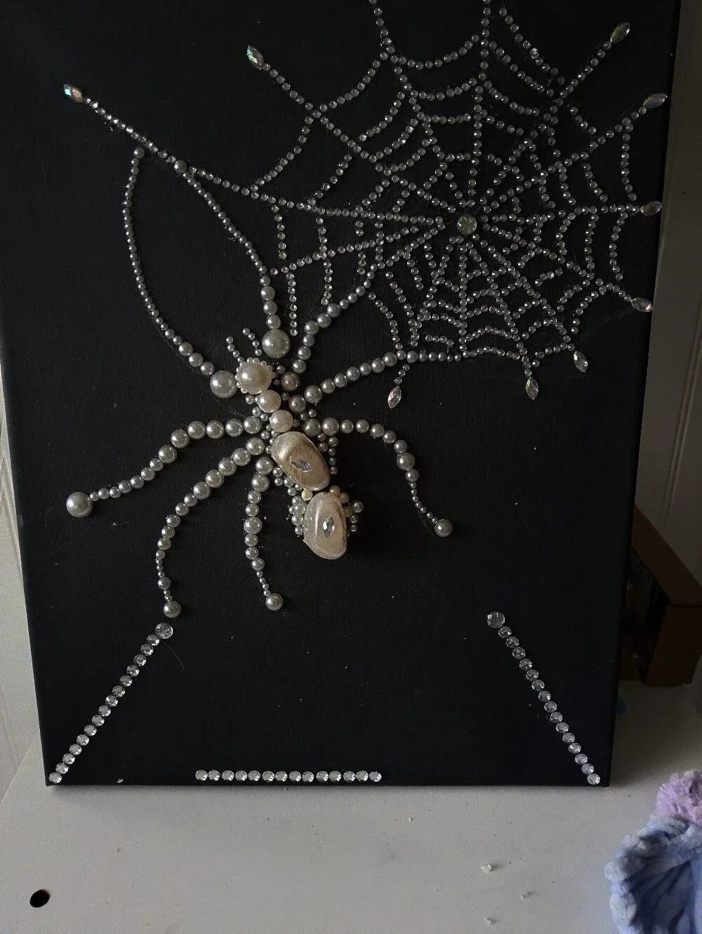 Hand Made And Designed Crystal Pearl Spider Wall Art - Black 11x 14